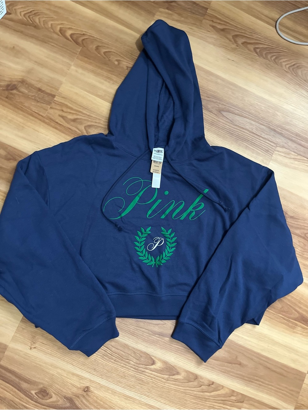NWT XXL PINK Victoria's Secret Navy Cropped Hoodie with Green Script